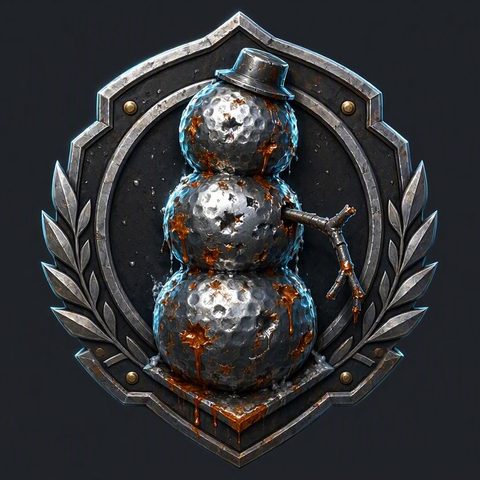 Snowman crest — three rusted golf balls stacked into a sad snowman